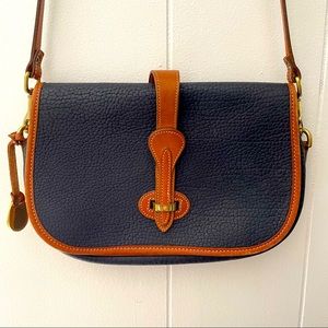 Vintage Dooney & Bourke all weather leather crossbody purse navy blue brass